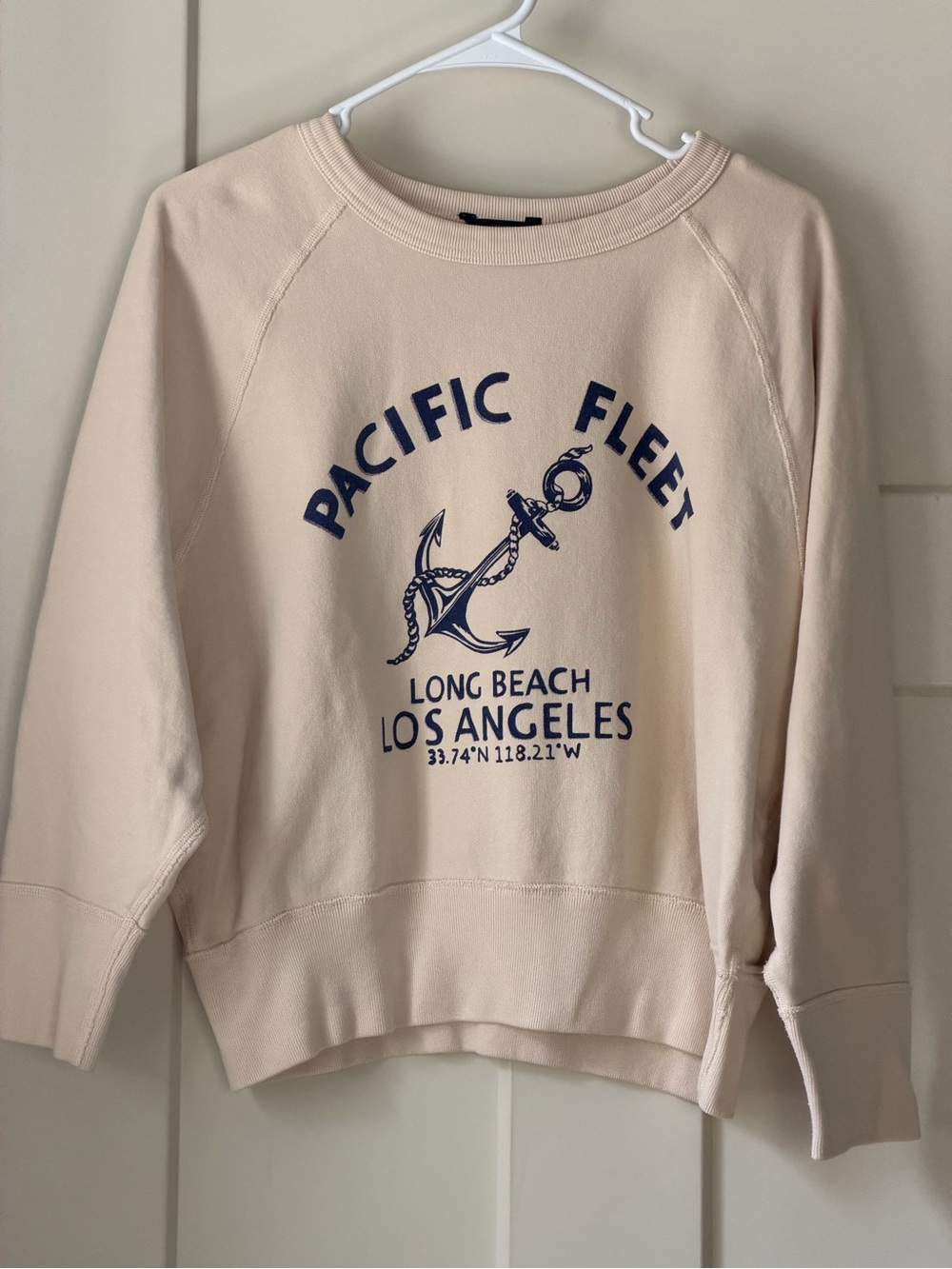 J. Crew Cream Crewneck w/ Navy Pacific Fleet Anchor Graphic Womens Sz Small